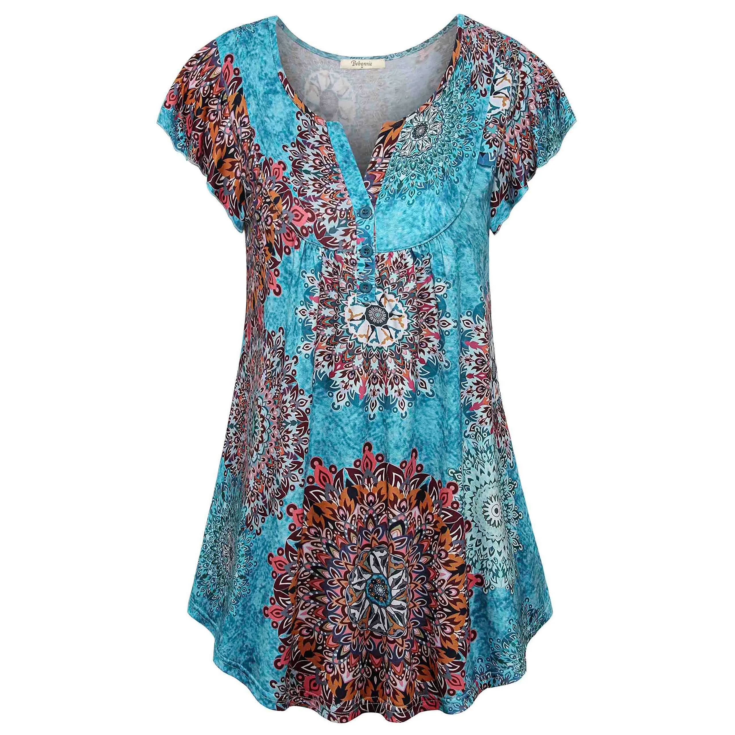 Vintage Floral Short Sleeve V Neck Pleated Tunic Shirt