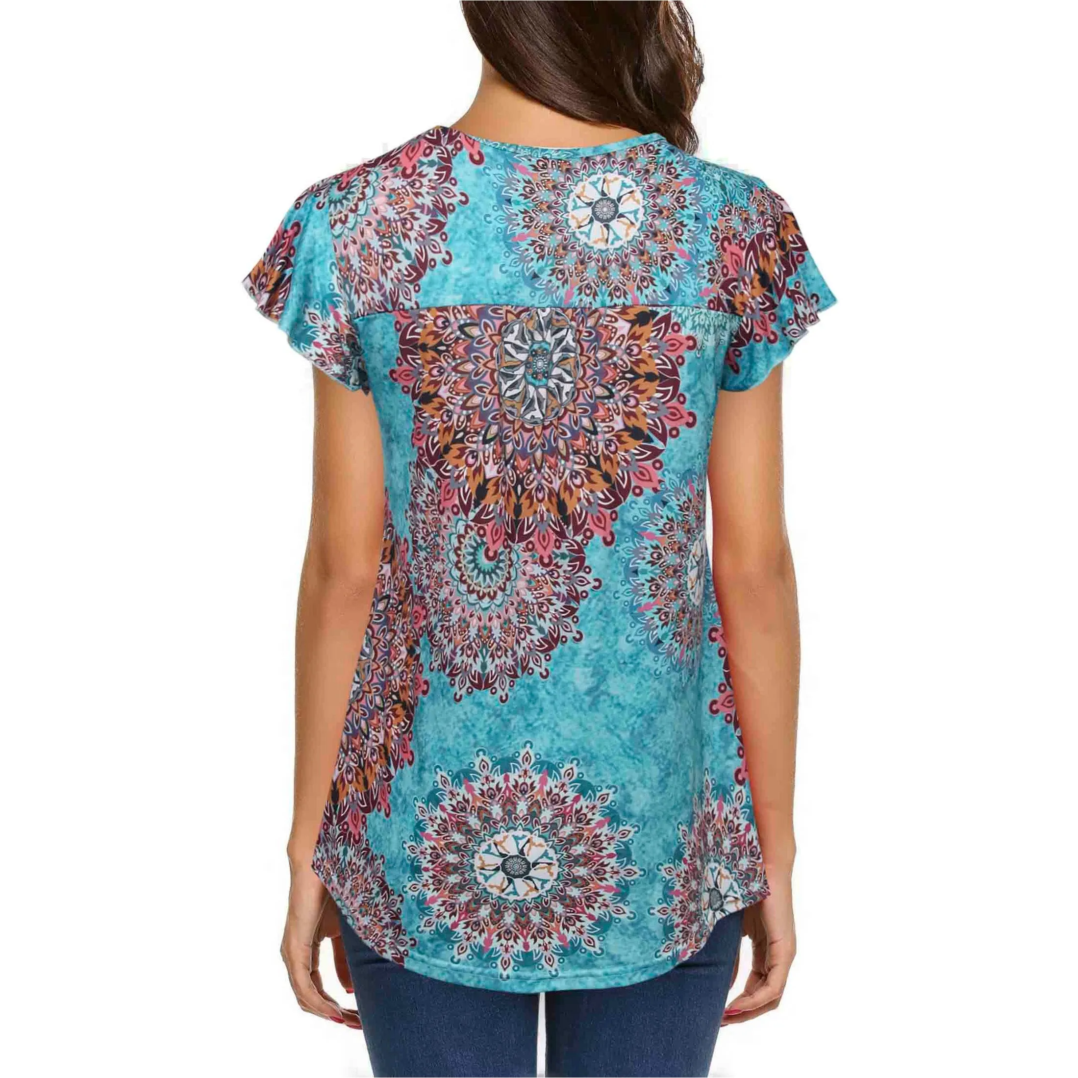 Vintage Floral Short Sleeve V Neck Pleated Tunic Shirt