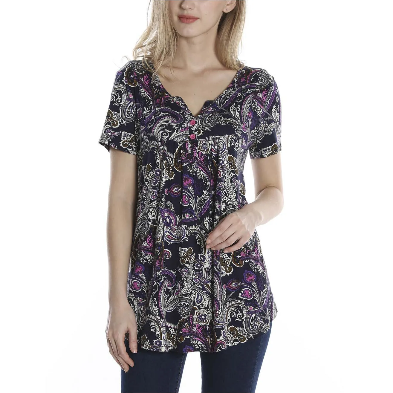 Vintage Floral Short Sleeve V Neck Pleated Tunic Shirt