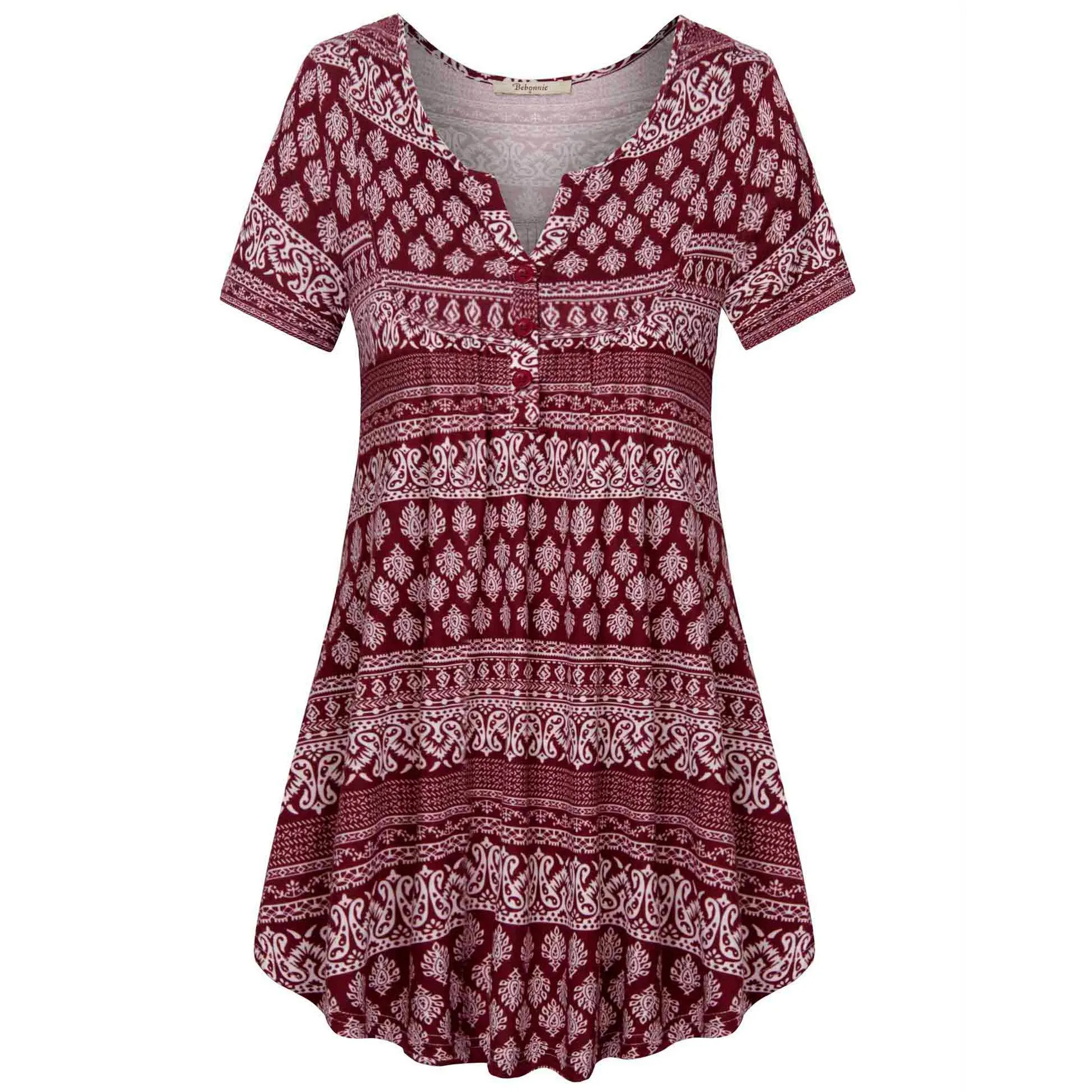 Vintage Floral Short Sleeve V Neck Pleated Tunic Shirt