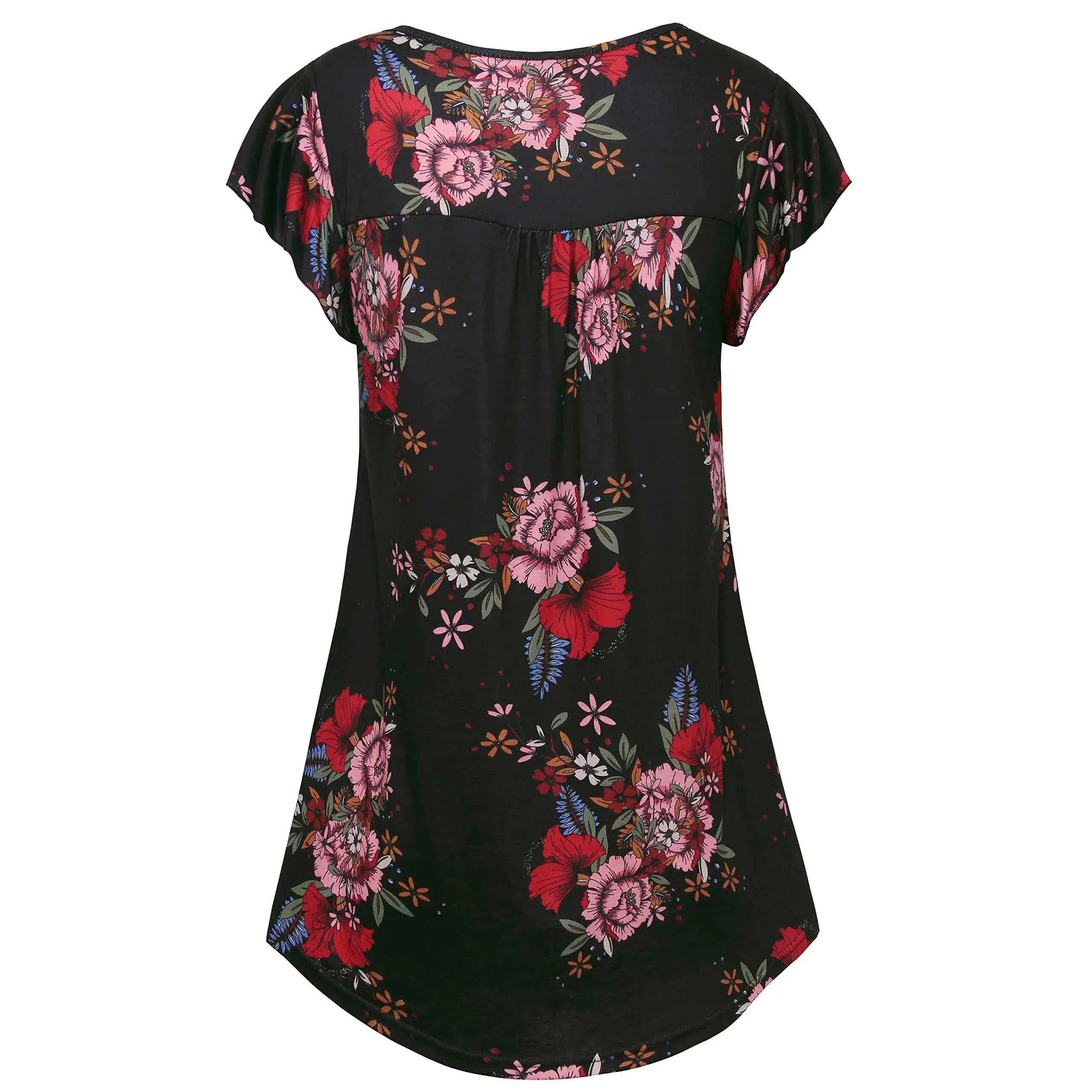 Vintage Floral Short Sleeve V Neck Pleated Tunic Shirt