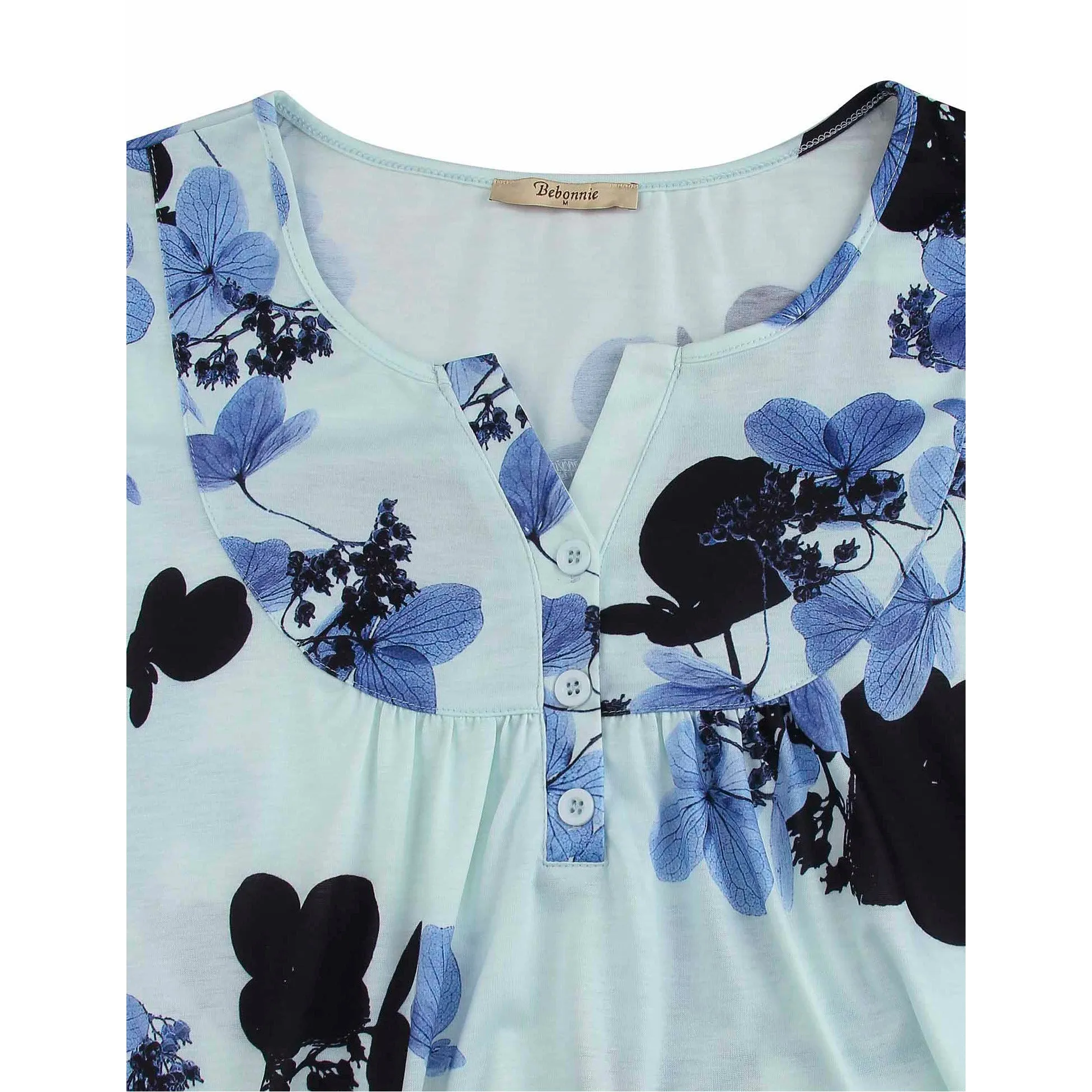 Vintage Floral Short Sleeve V Neck Pleated Tunic Shirt