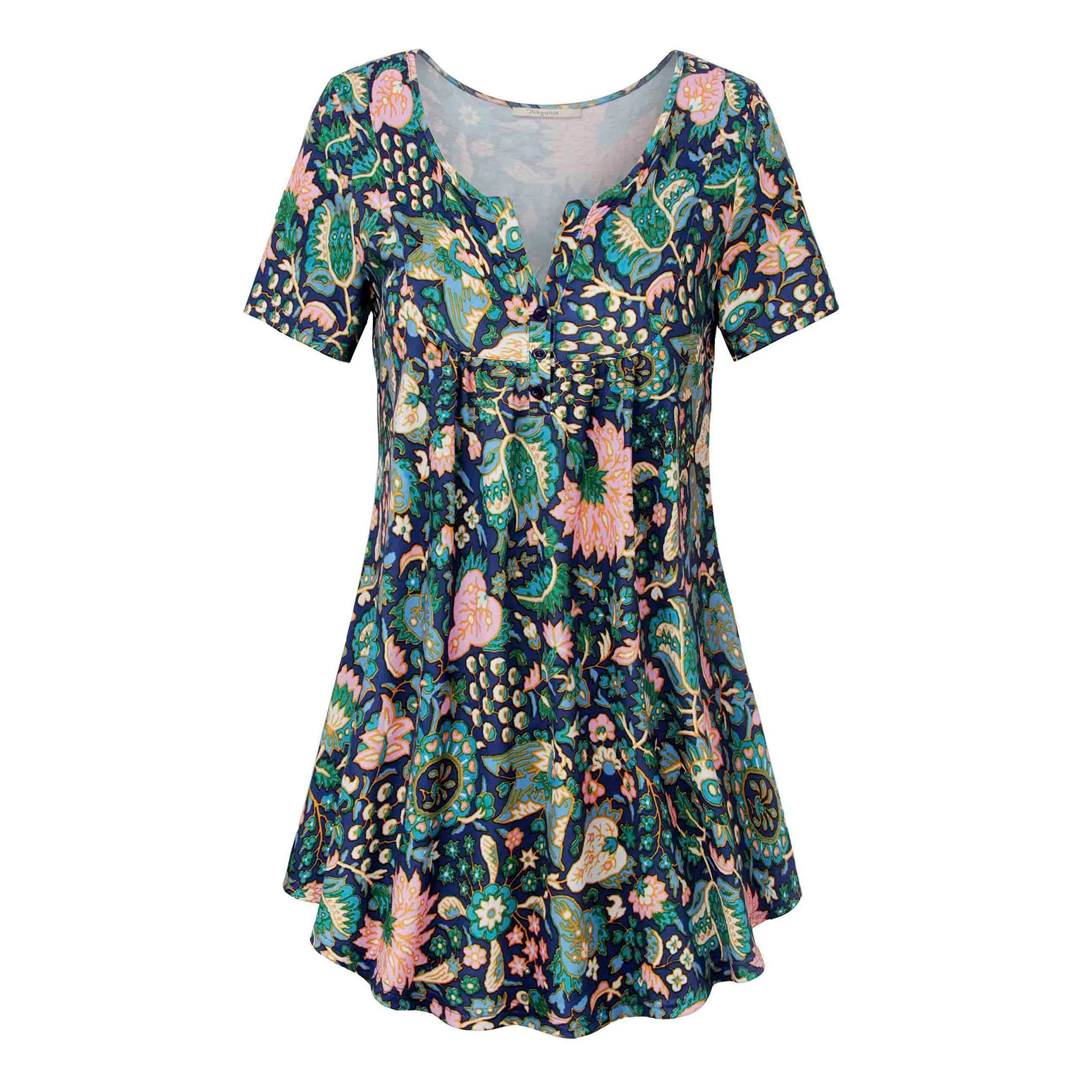 Vintage Floral Short Sleeve V Neck Pleated Tunic Shirt