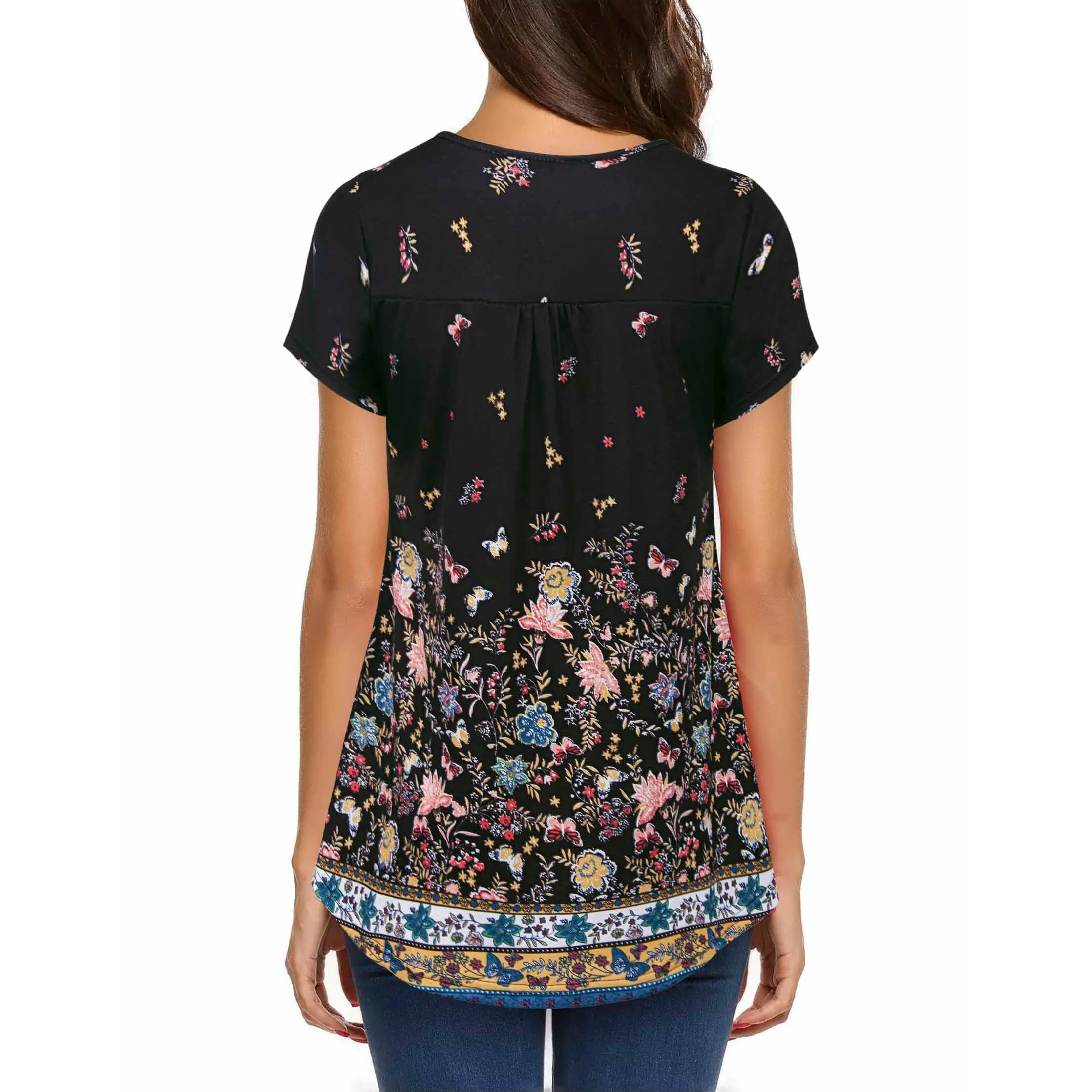Vintage Floral Short Sleeve V Neck Pleated Tunic Shirt