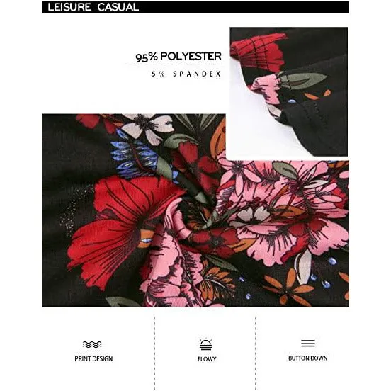 Vintage Floral Short Sleeve V Neck Pleated Tunic Shirt