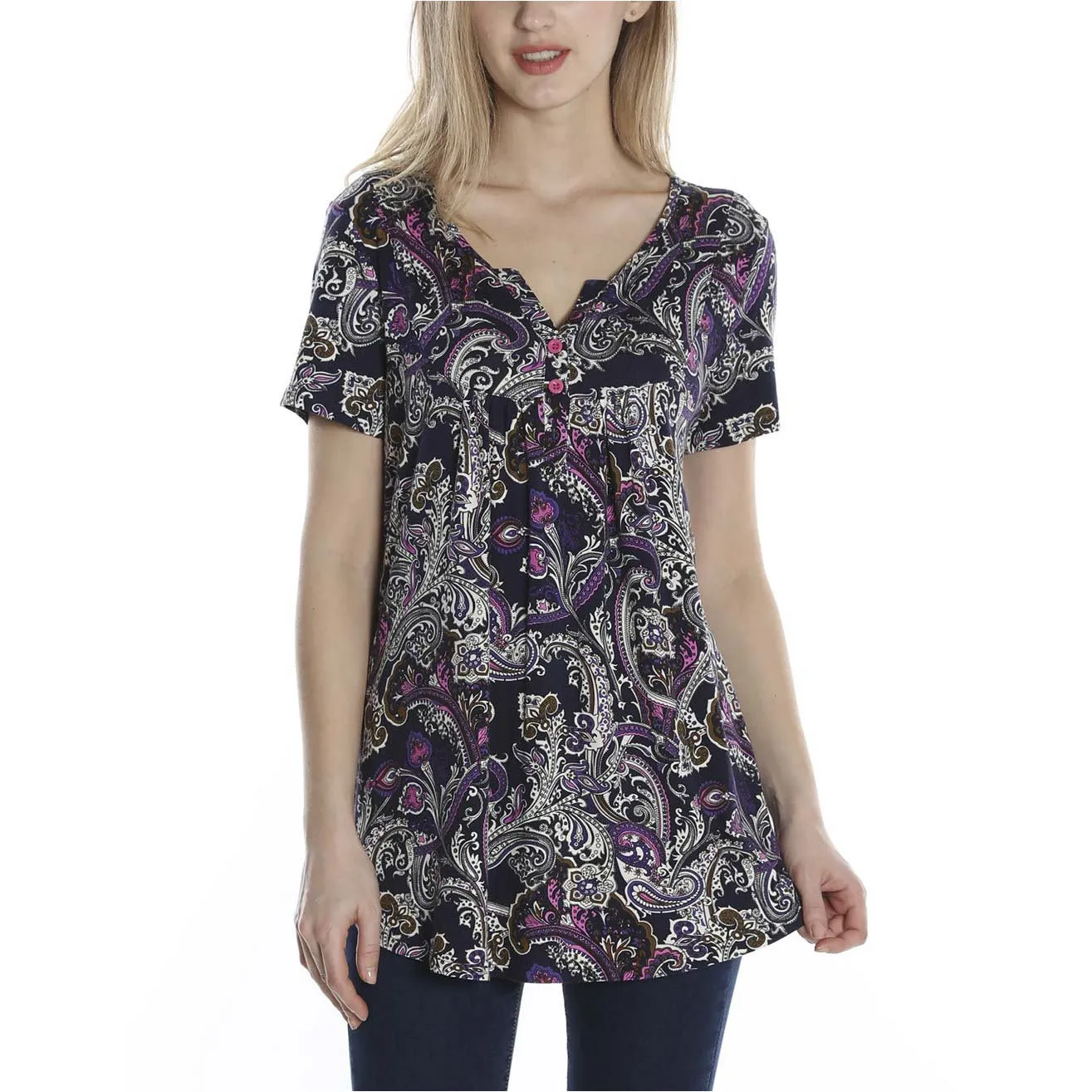 Vintage Floral Short Sleeve V Neck Pleated Tunic Shirt