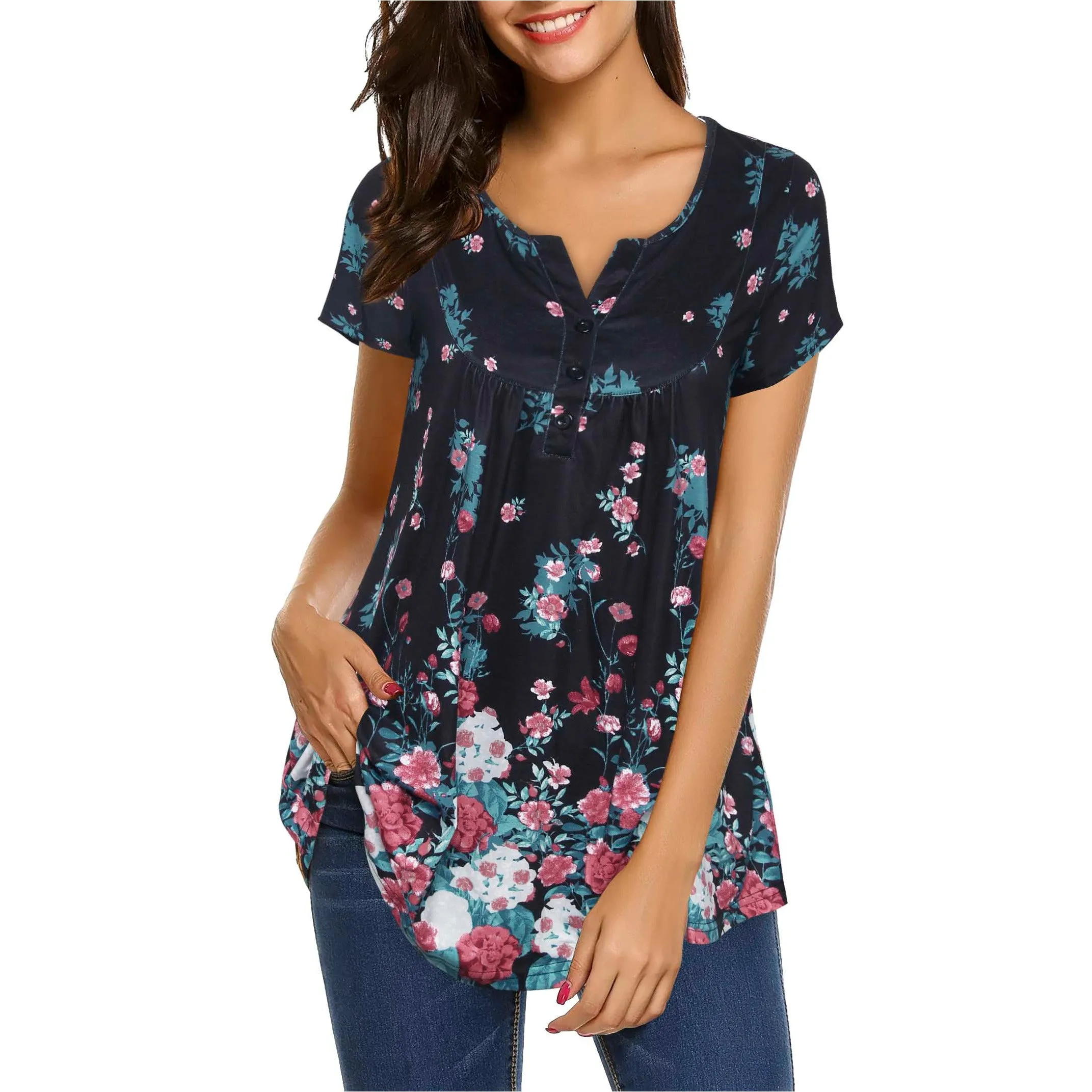 Vintage Floral Short Sleeve V Neck Pleated Tunic Shirt