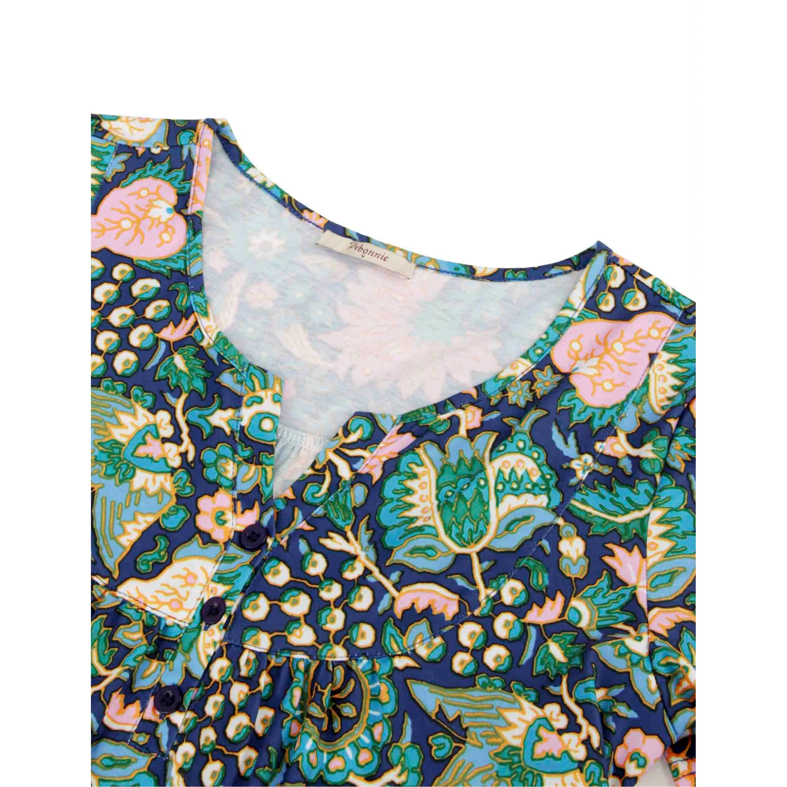 Vintage Floral Short Sleeve V Neck Pleated Tunic Shirt