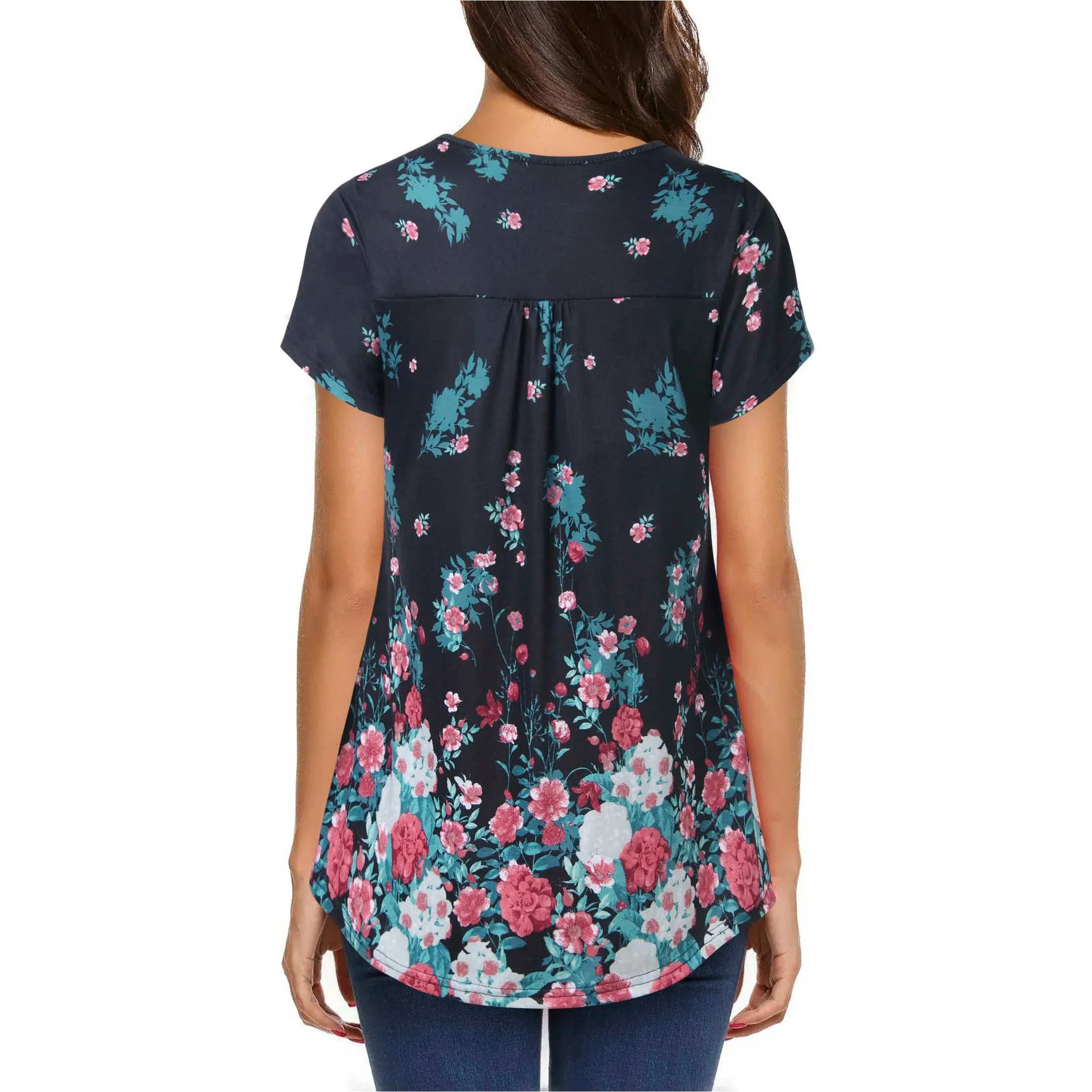 Vintage Floral Short Sleeve V Neck Pleated Tunic Shirt