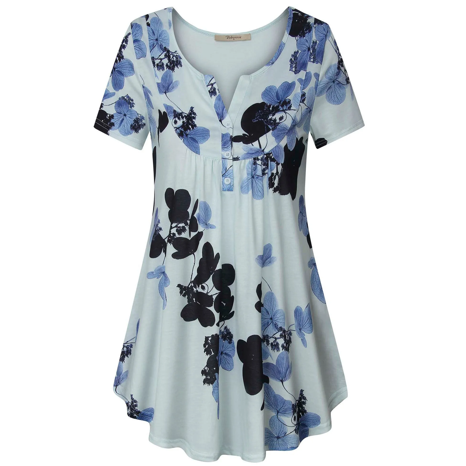 Vintage Floral Short Sleeve V Neck Pleated Tunic Shirt