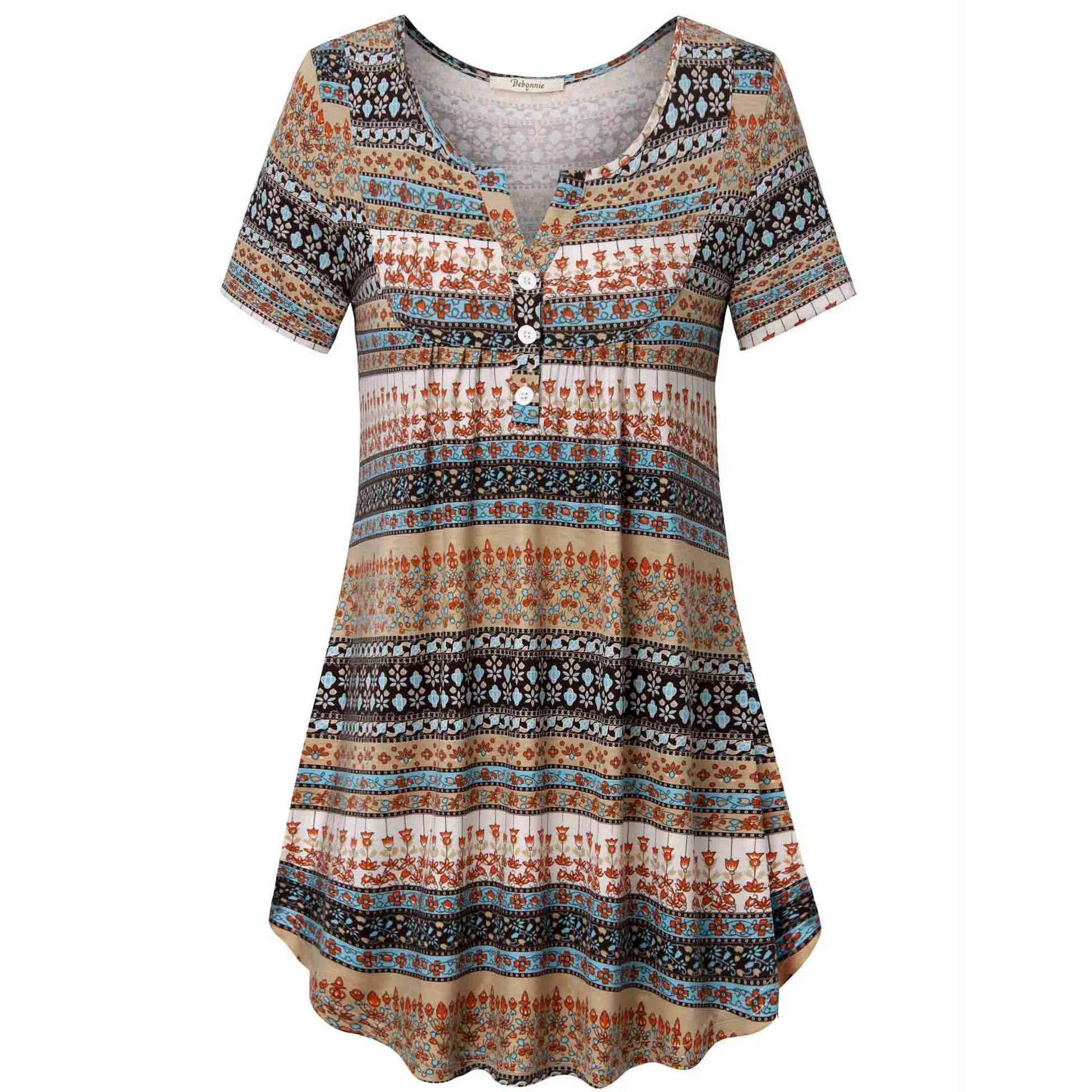 Vintage Floral Short Sleeve V Neck Pleated Tunic Shirt