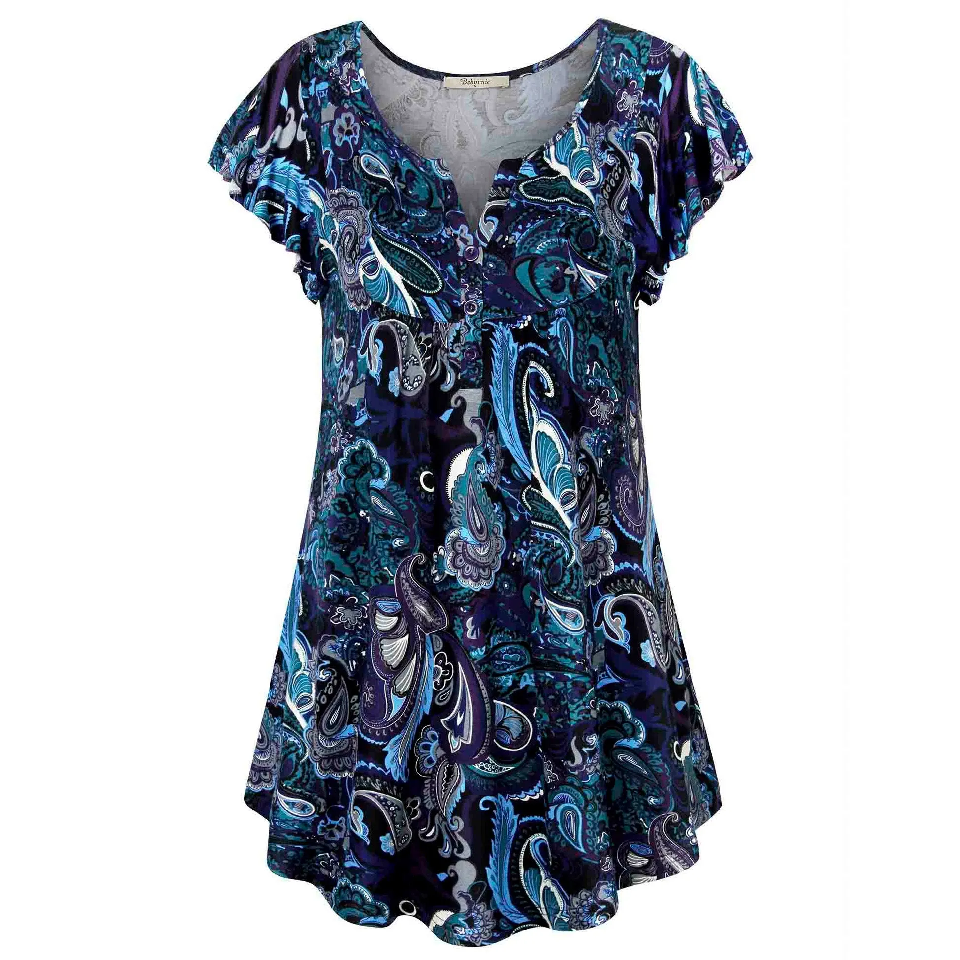 Vintage Floral Short Sleeve V Neck Pleated Tunic Shirt