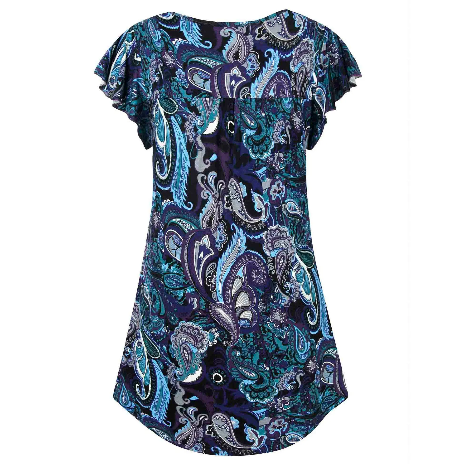 Vintage Floral Short Sleeve V Neck Pleated Tunic Shirt