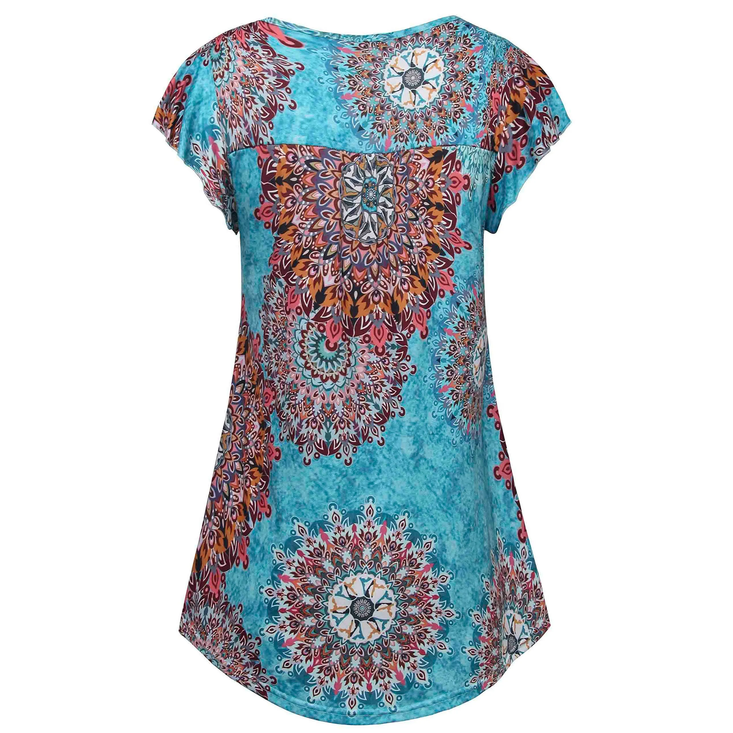 Vintage Floral Short Sleeve V Neck Pleated Tunic Shirt