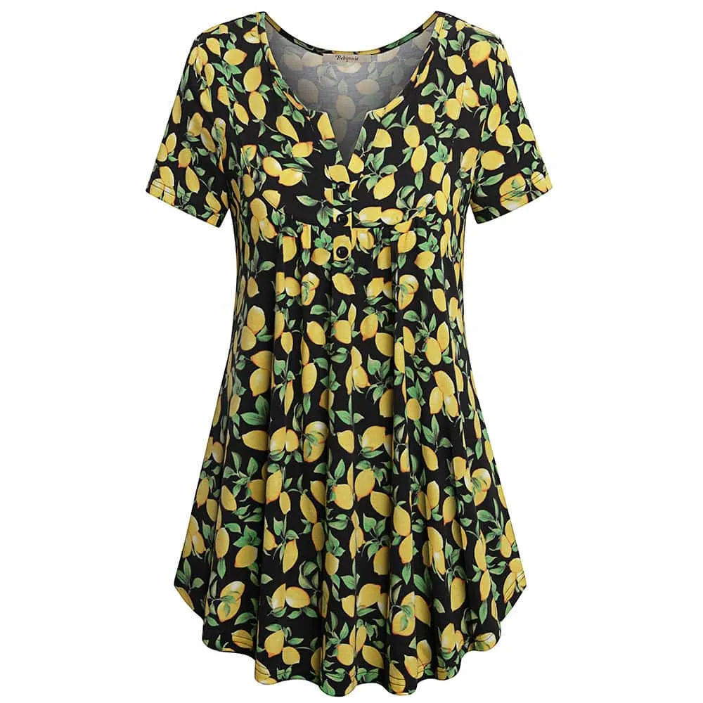 Vintage Floral Short Sleeve V Neck Pleated Tunic Shirt