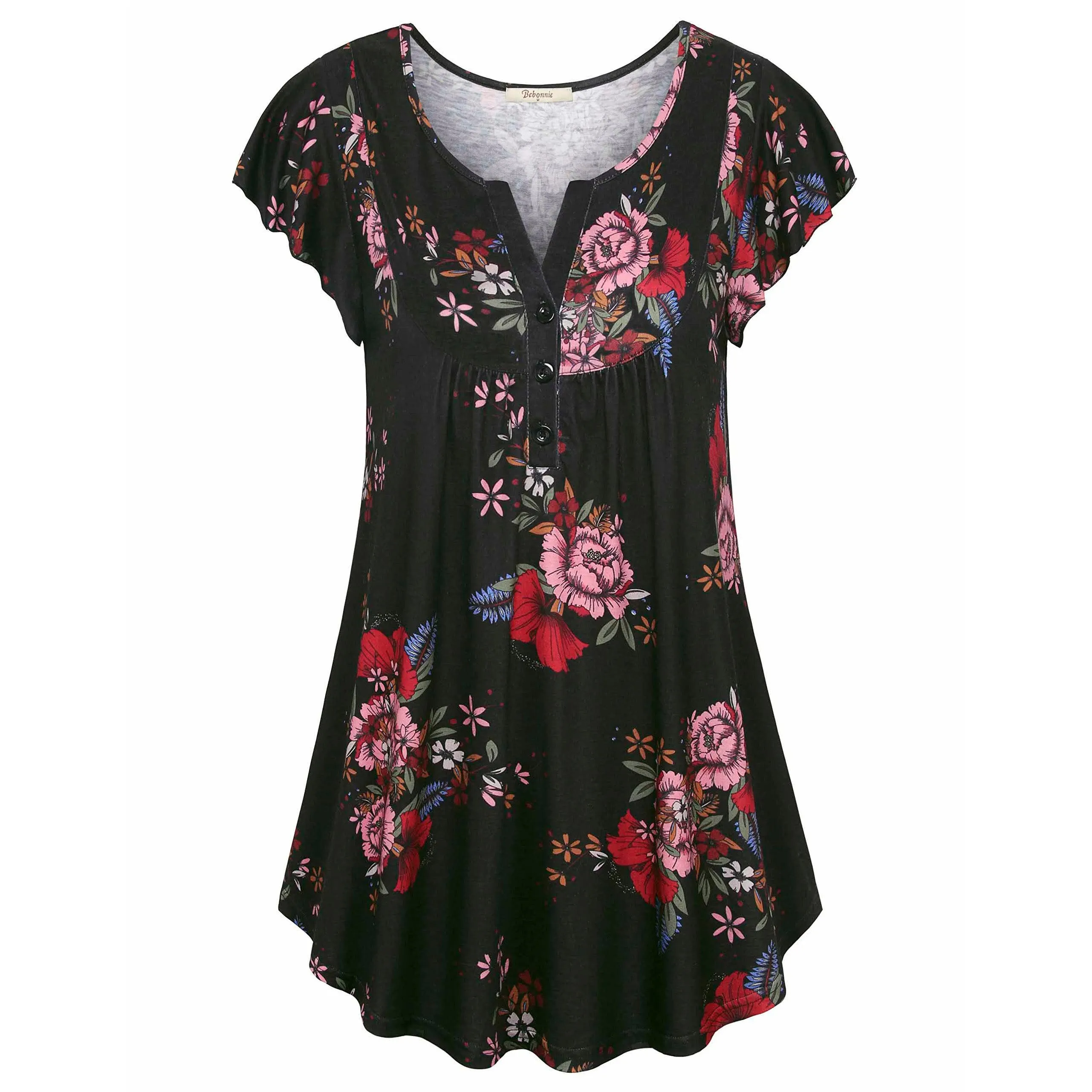 Vintage Floral Short Sleeve V Neck Pleated Tunic Shirt