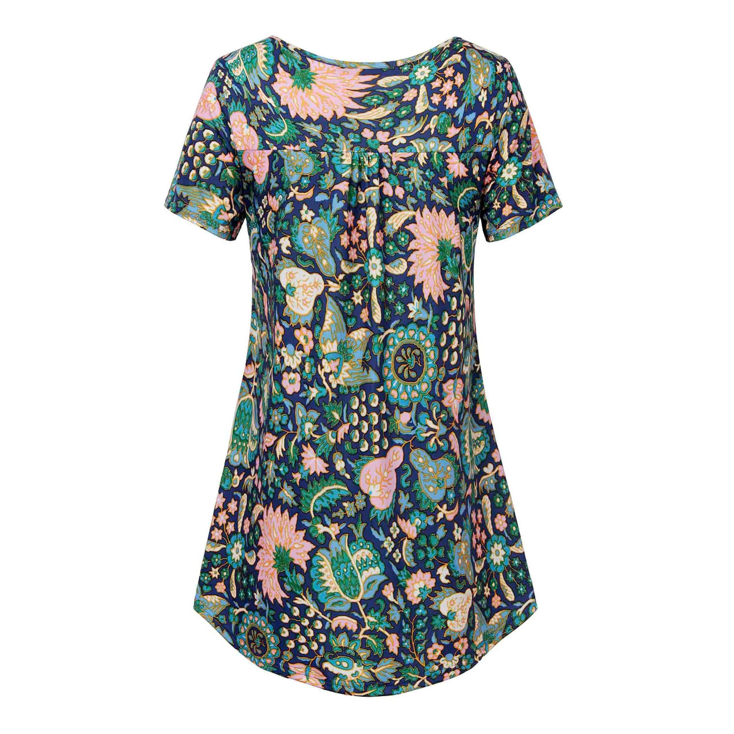 Vintage Floral Short Sleeve V Neck Pleated Tunic Shirt