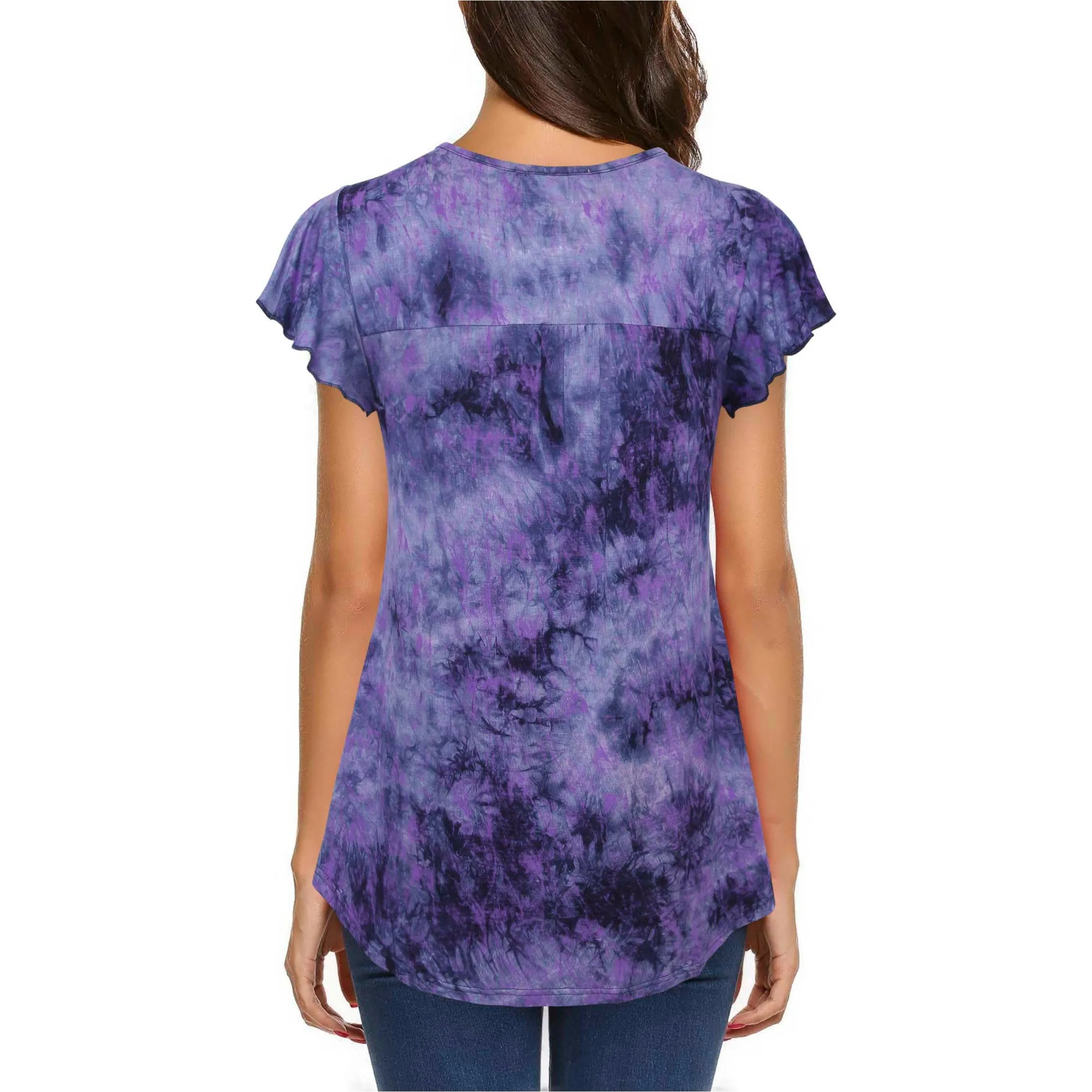 Vintage Floral Short Sleeve V Neck Pleated Tunic Shirt