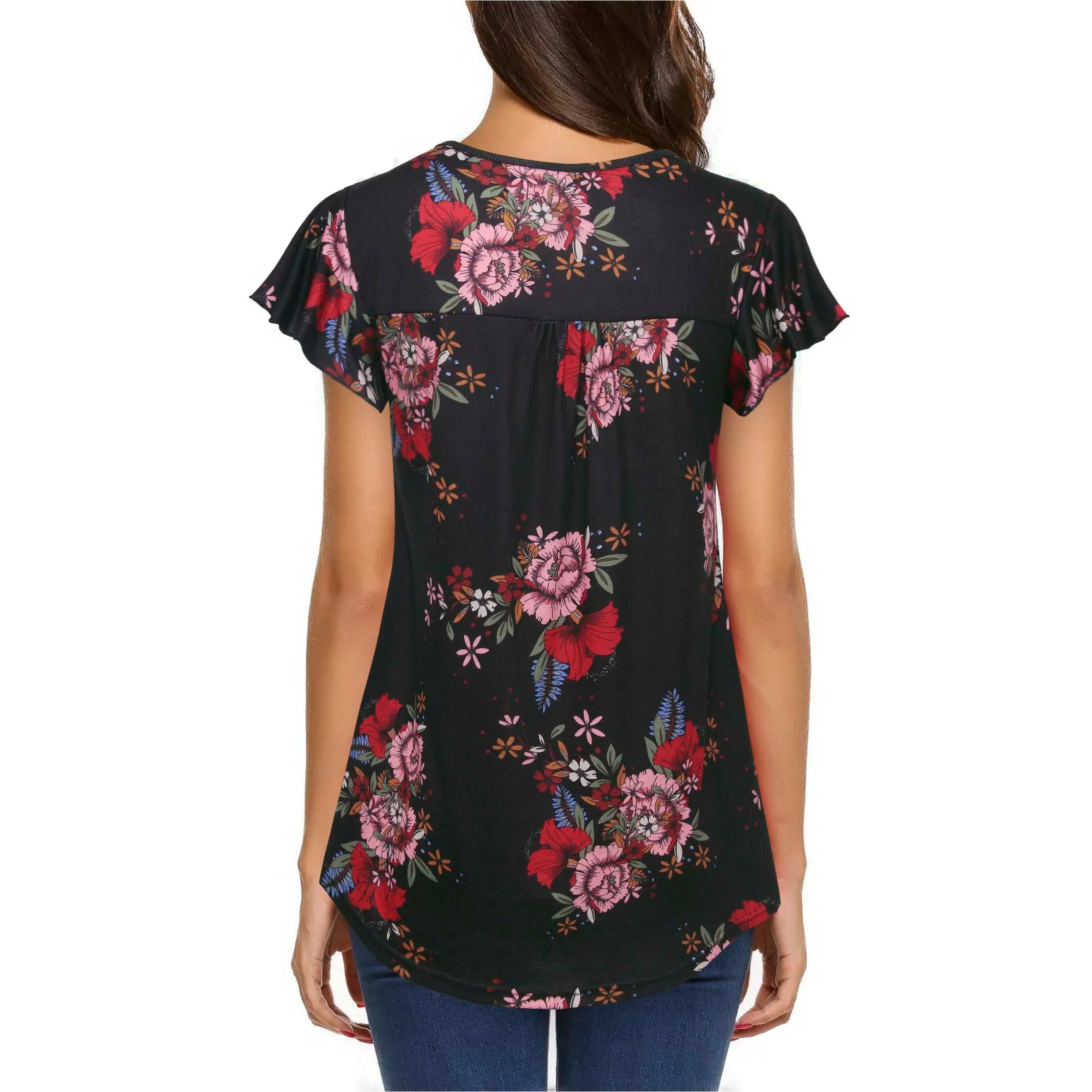 Vintage Floral Short Sleeve V Neck Pleated Tunic Shirt