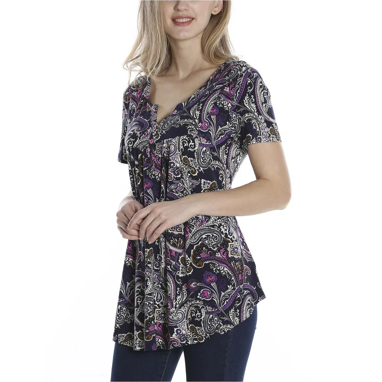 Vintage Floral Short Sleeve V Neck Pleated Tunic Shirt