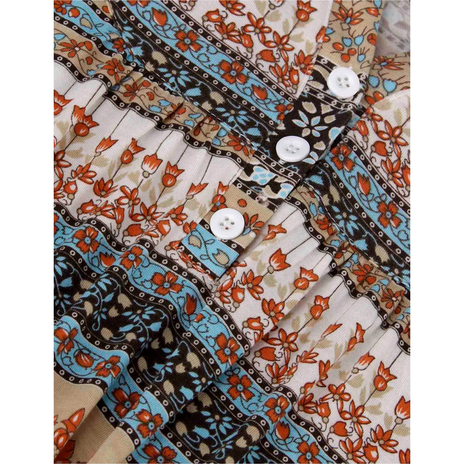 Vintage Floral Short Sleeve V Neck Pleated Tunic Shirt