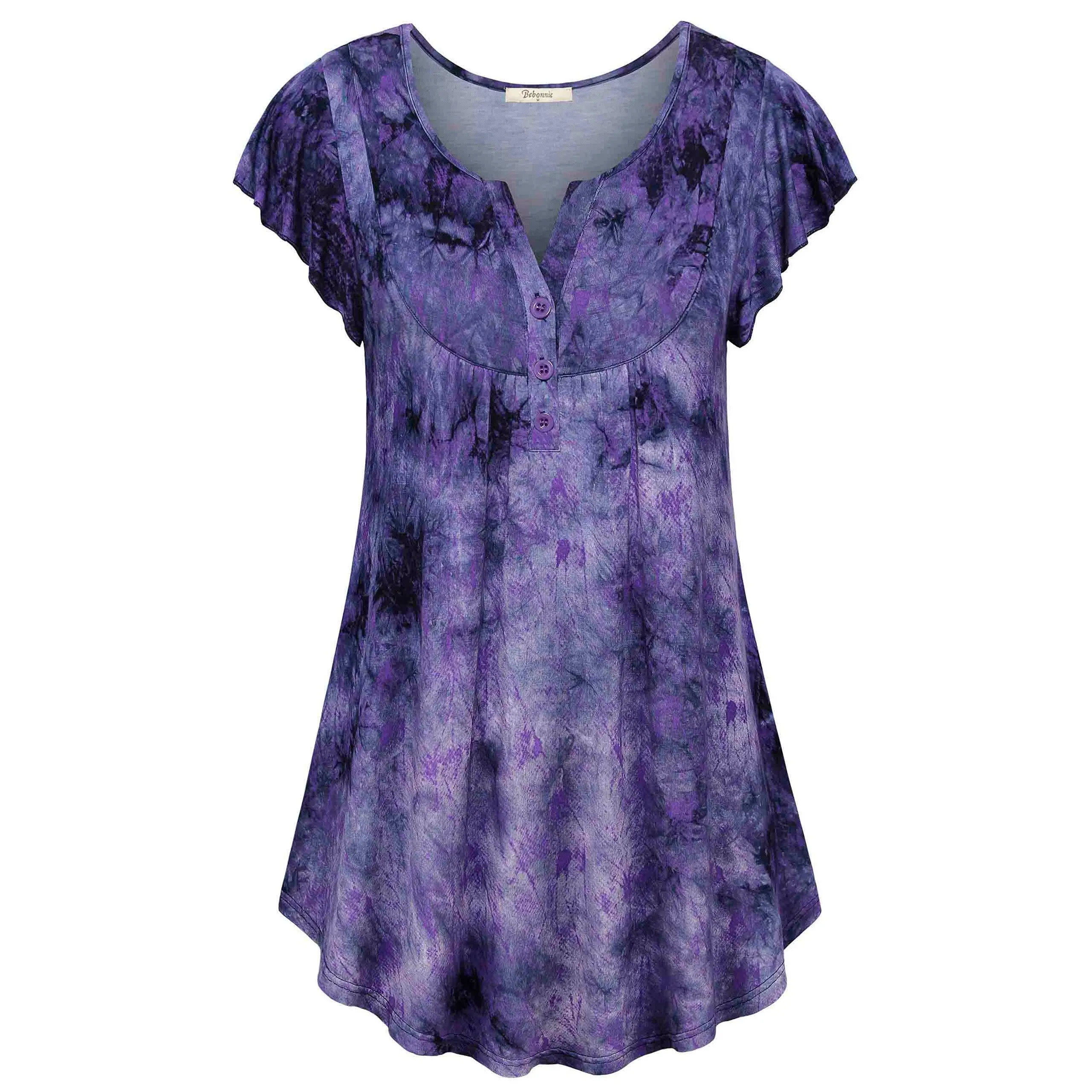Vintage Floral Short Sleeve V Neck Pleated Tunic Shirt