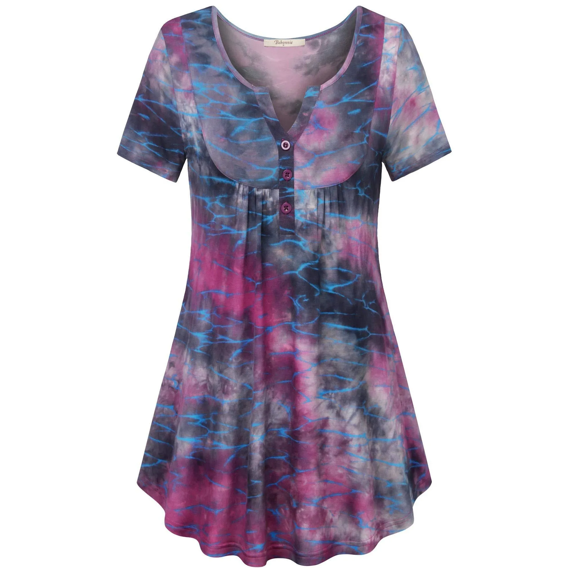 Vintage Floral Short Sleeve V Neck Pleated Tunic Shirt