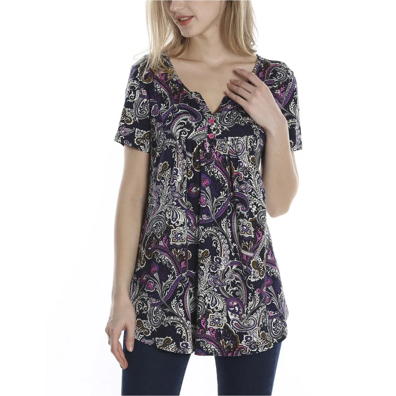 Vintage Floral Short Sleeve V Neck Pleated Tunic Shirt