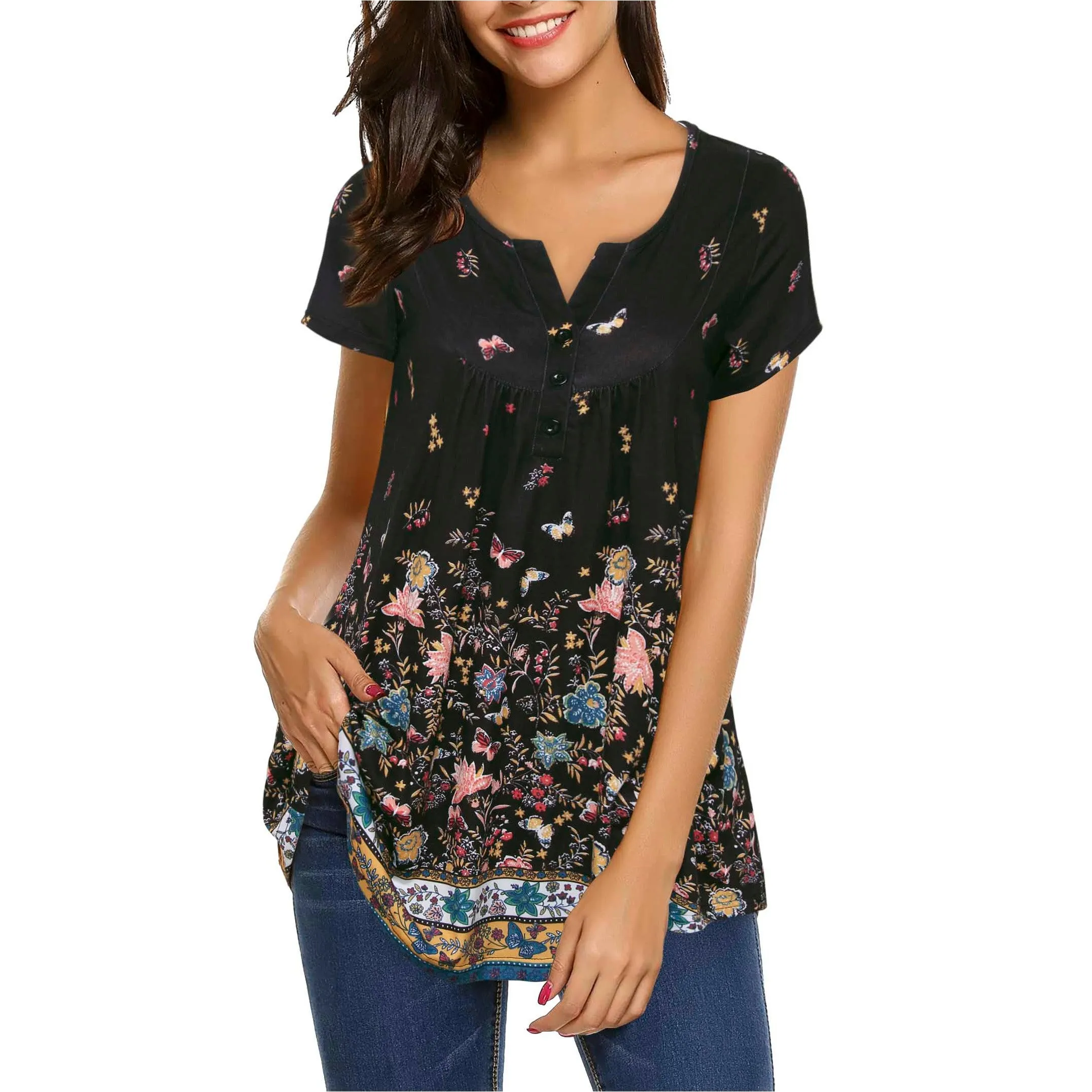Vintage Floral Short Sleeve V Neck Pleated Tunic Shirt