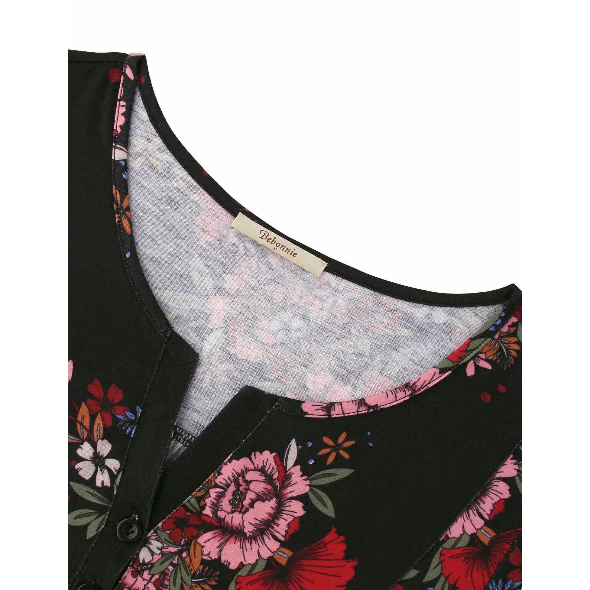 Vintage Floral Short Sleeve V Neck Pleated Tunic Shirt