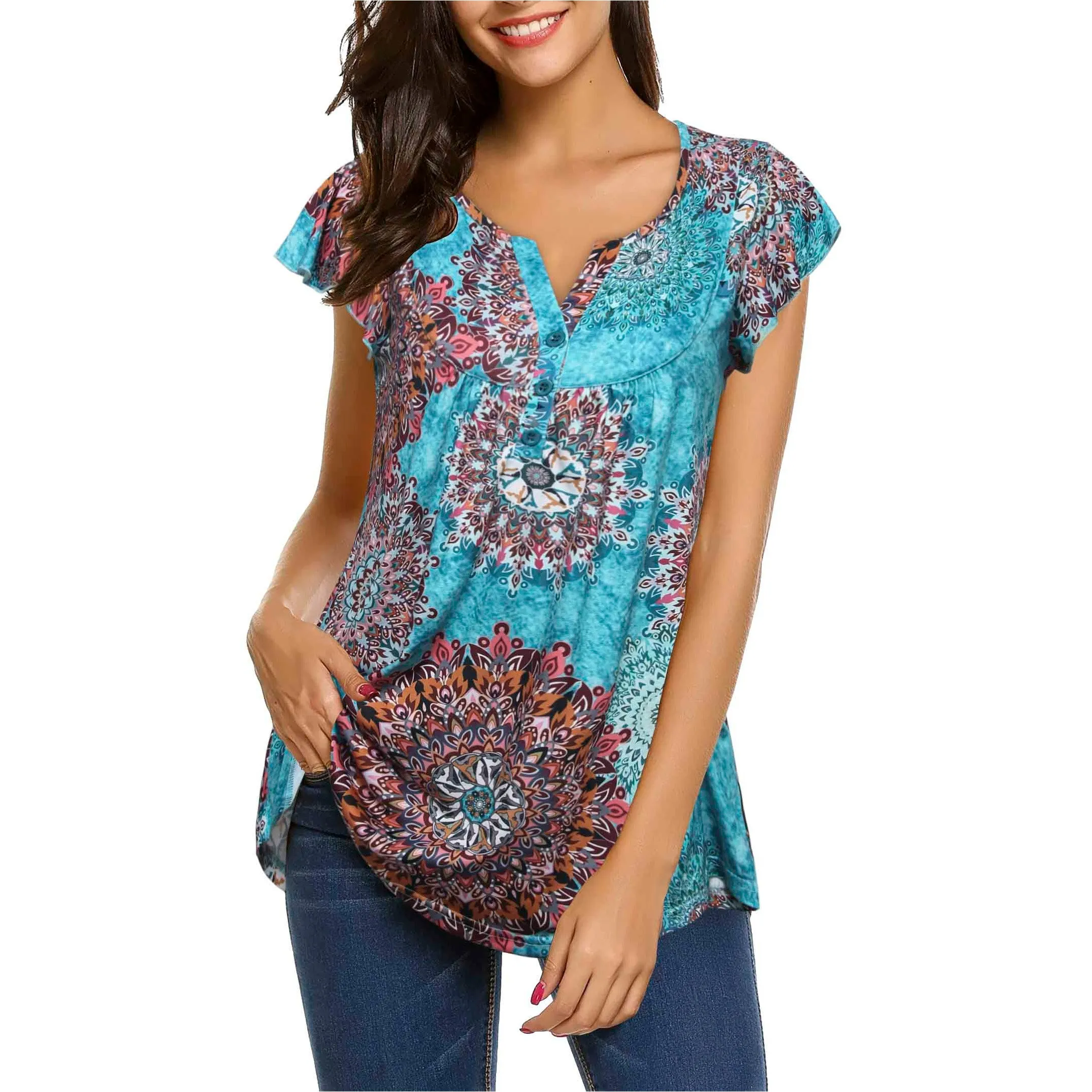 Vintage Floral Short Sleeve V Neck Pleated Tunic Shirt
