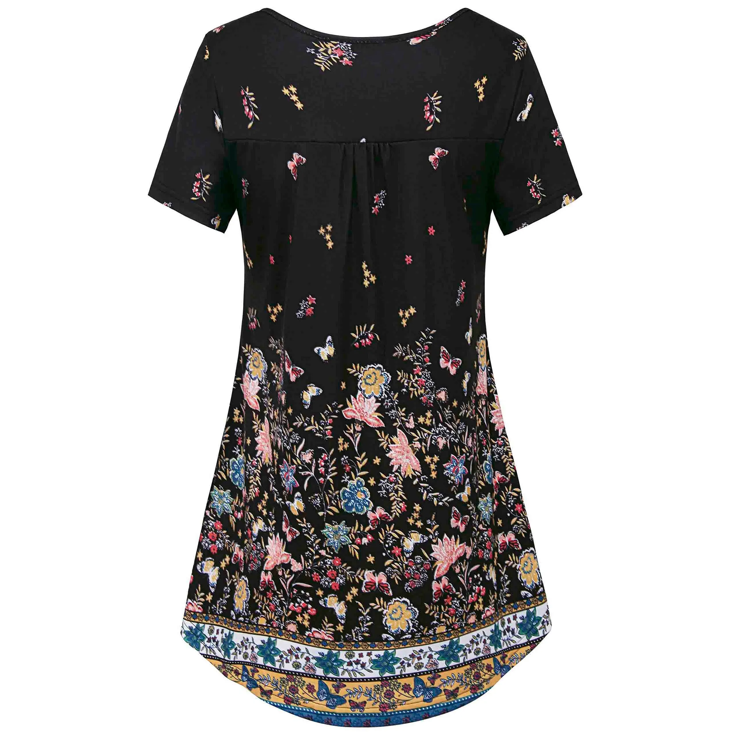 Vintage Floral Short Sleeve V Neck Pleated Tunic Shirt