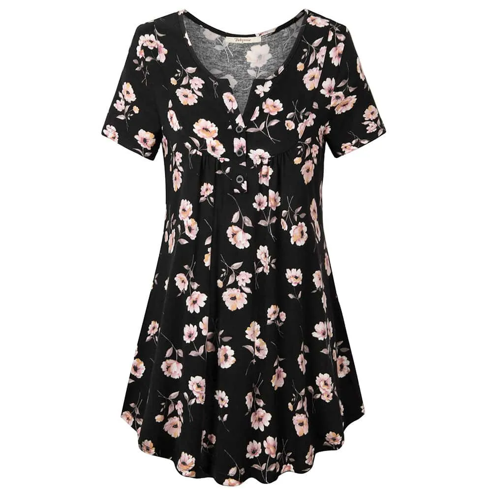 Vintage Floral Short Sleeve V Neck Pleated Tunic Shirt