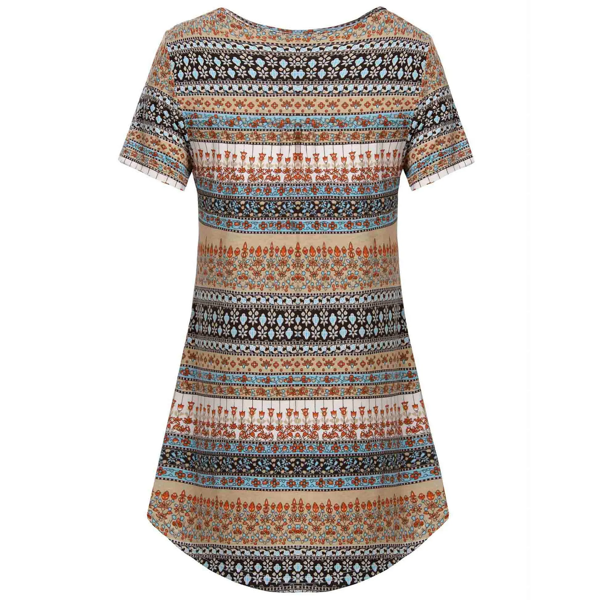 Vintage Floral Short Sleeve V Neck Pleated Tunic Shirt