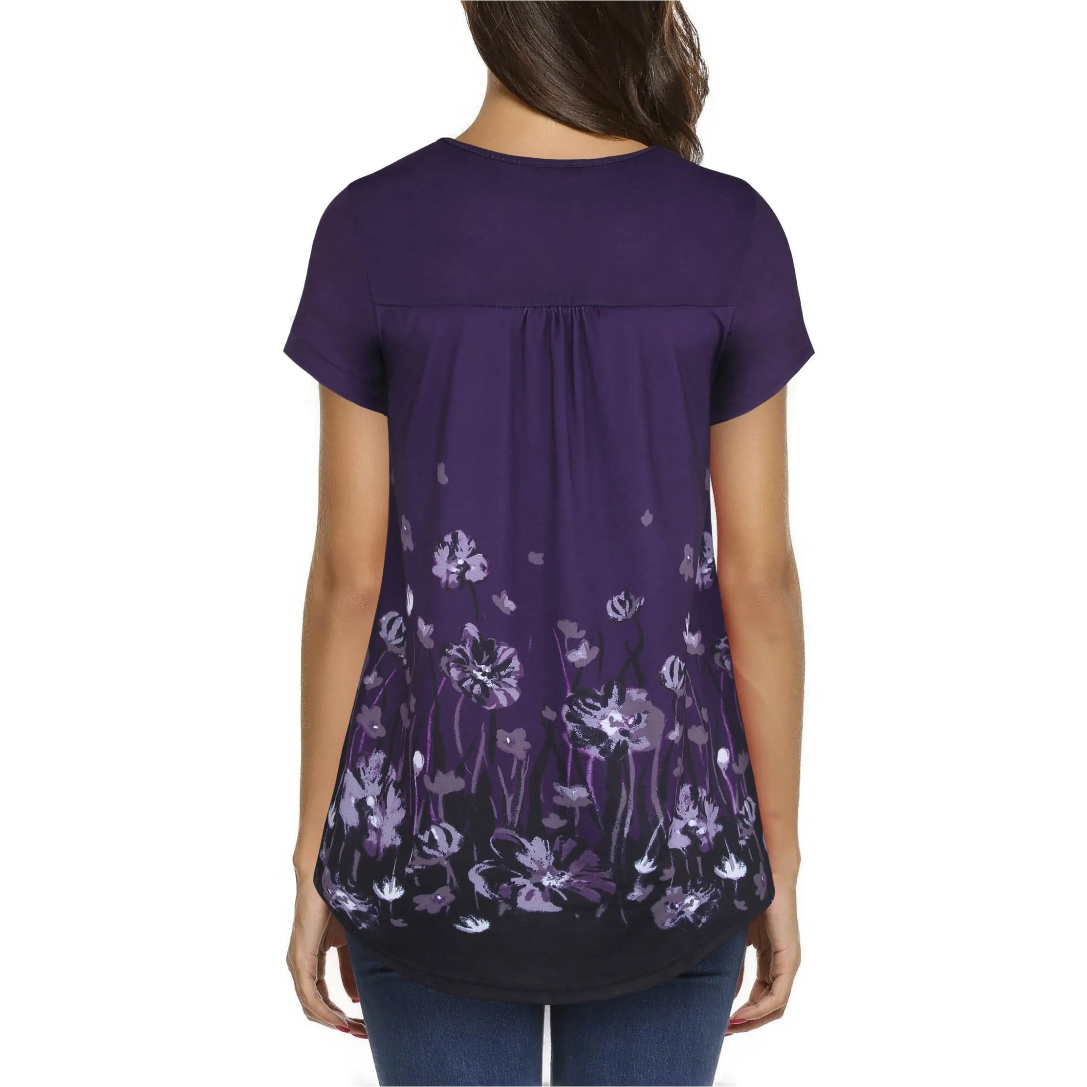 Vintage Floral Short Sleeve V Neck Pleated Tunic Shirt