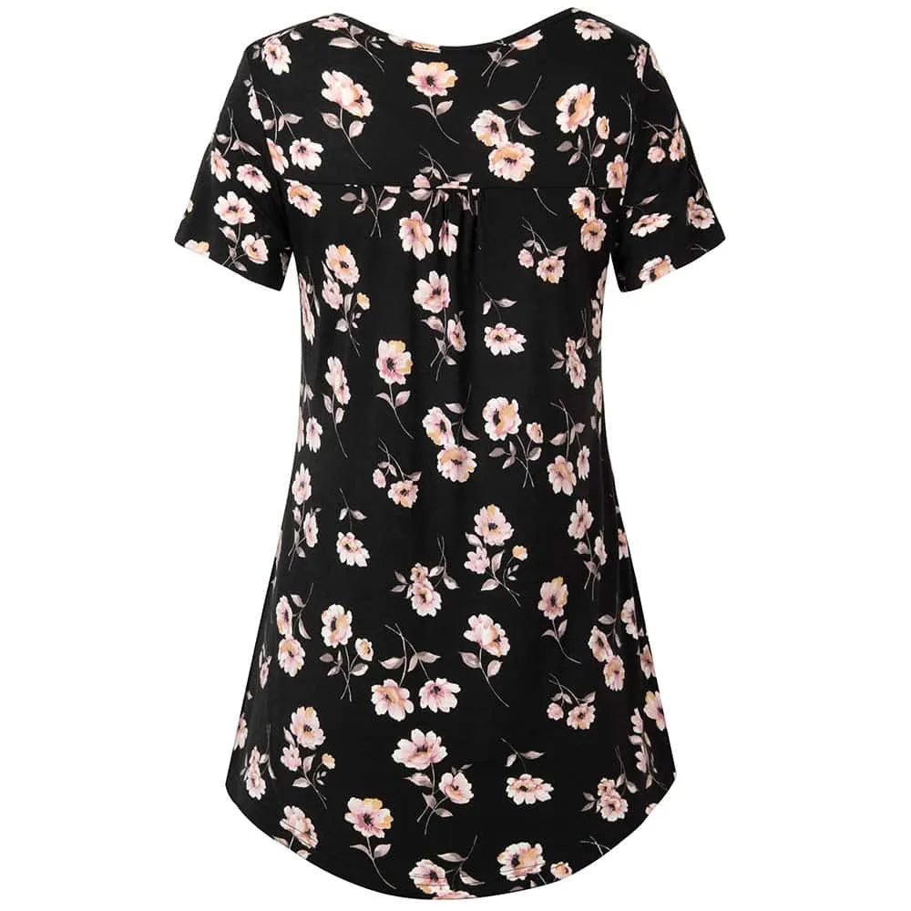 Vintage Floral Short Sleeve V Neck Pleated Tunic Shirt