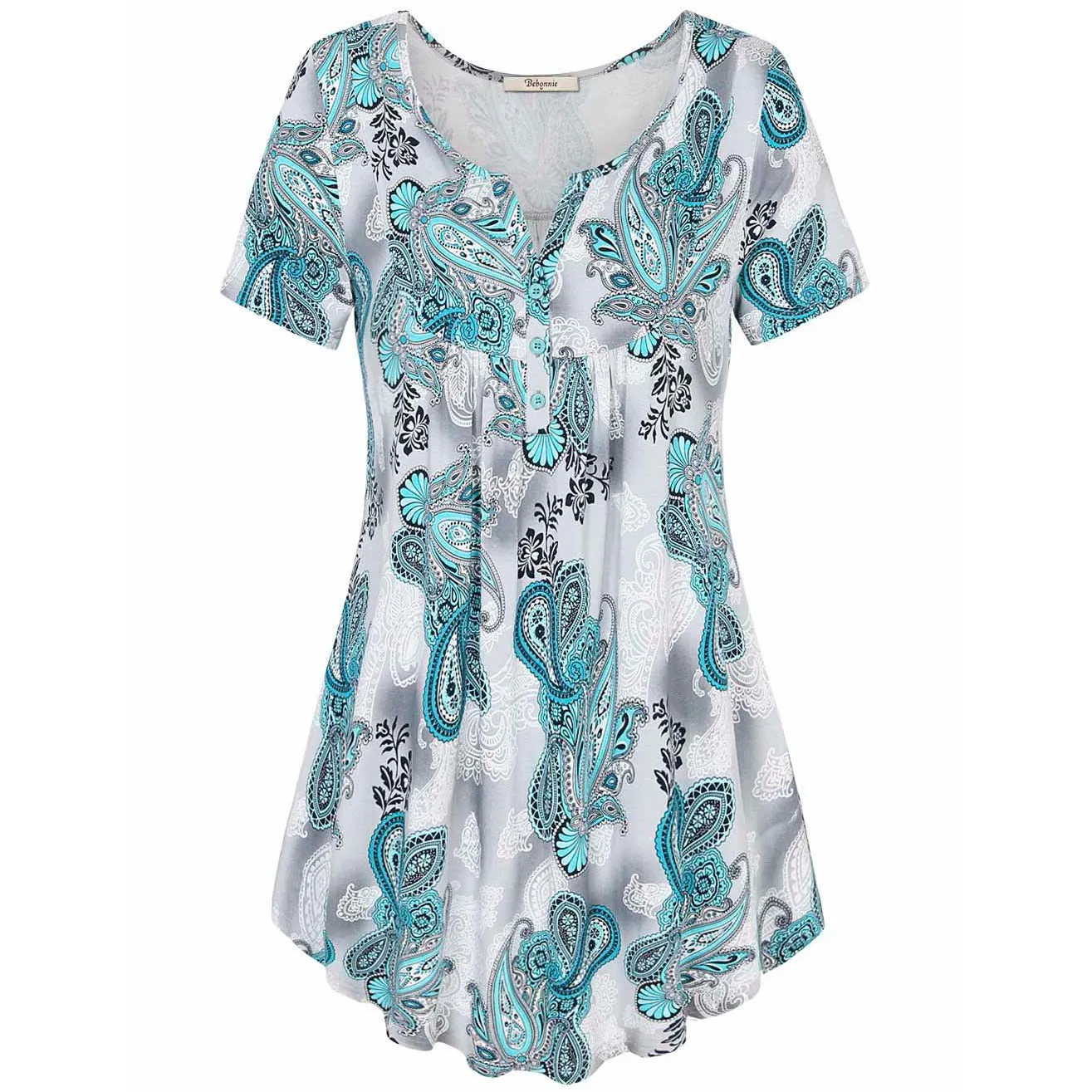 Vintage Floral Short Sleeve V Neck Pleated Tunic Shirt
