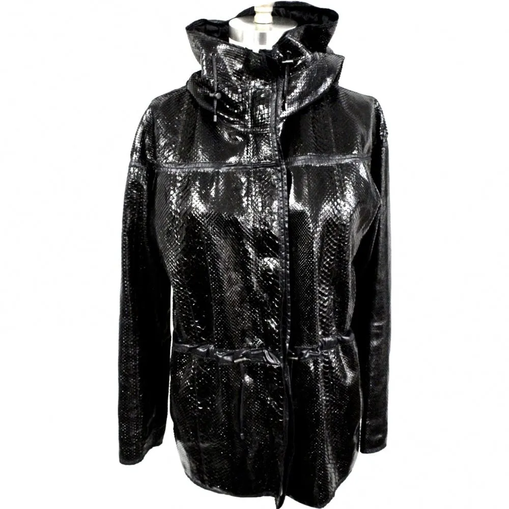 Vintage Lanvin Snakeskin Exotic Leather Hooded Parka Coat Womens S