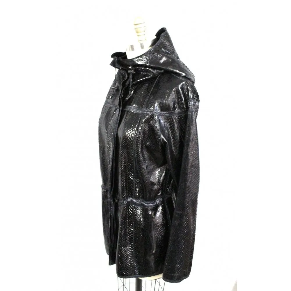 Vintage Lanvin Snakeskin Exotic Leather Hooded Parka Coat Womens S