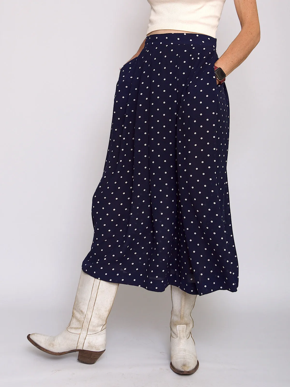 Vintage maxi pleated skirt polka dot navy