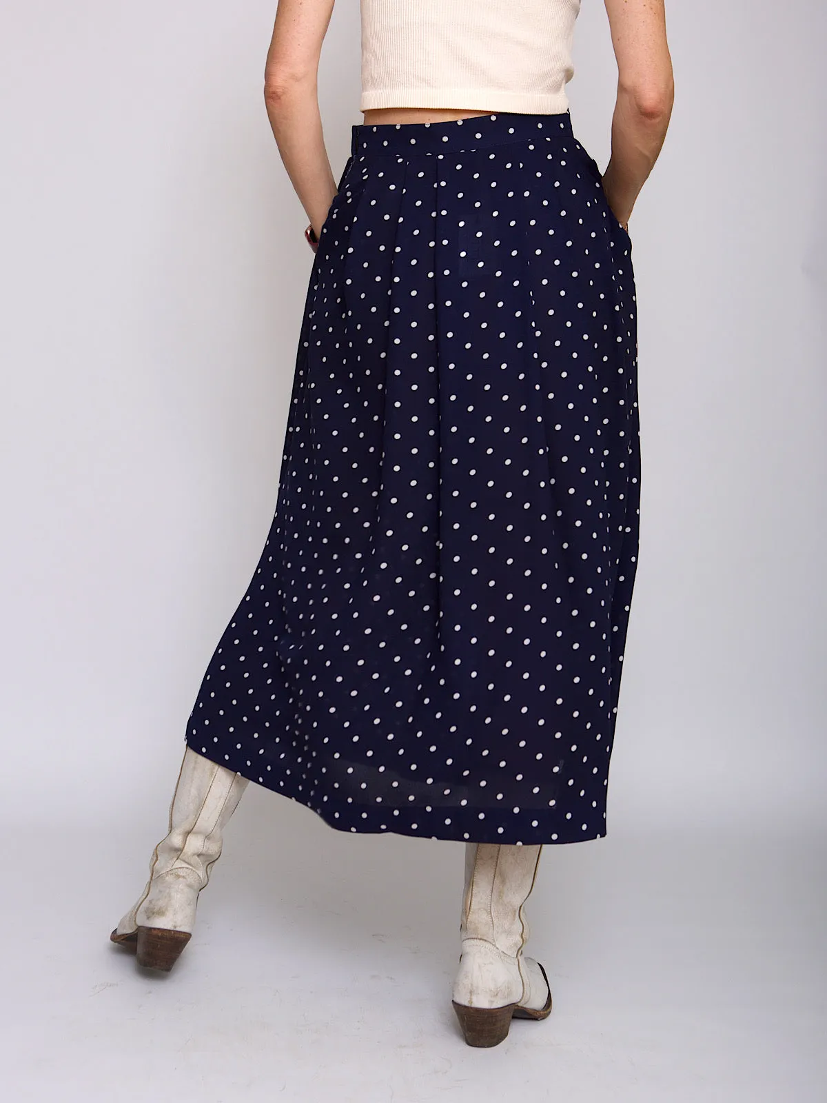 Vintage maxi pleated skirt polka dot navy