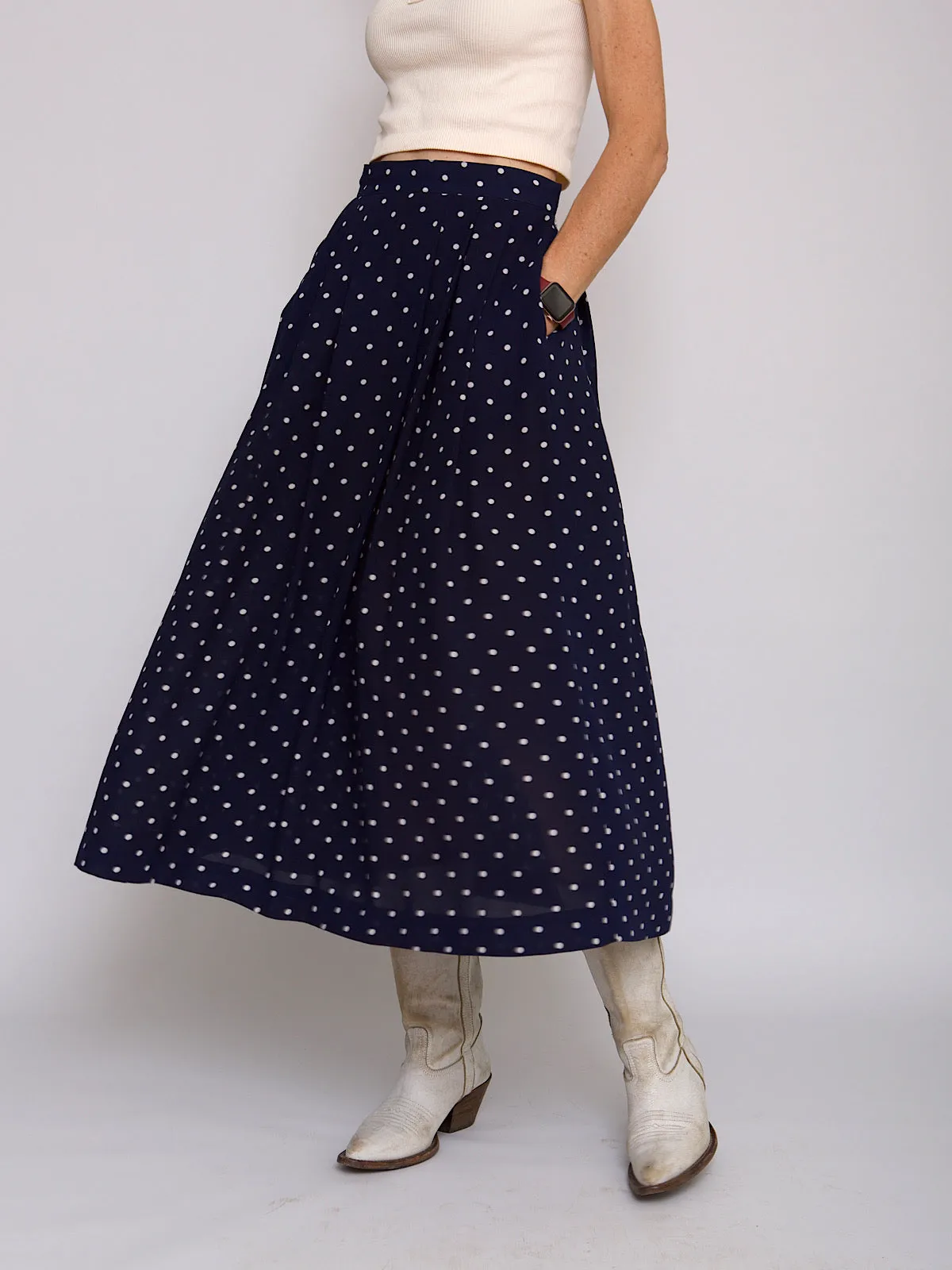 Vintage maxi pleated skirt polka dot navy