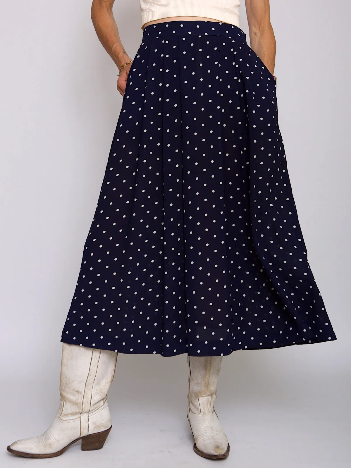 Vintage maxi pleated skirt polka dot navy