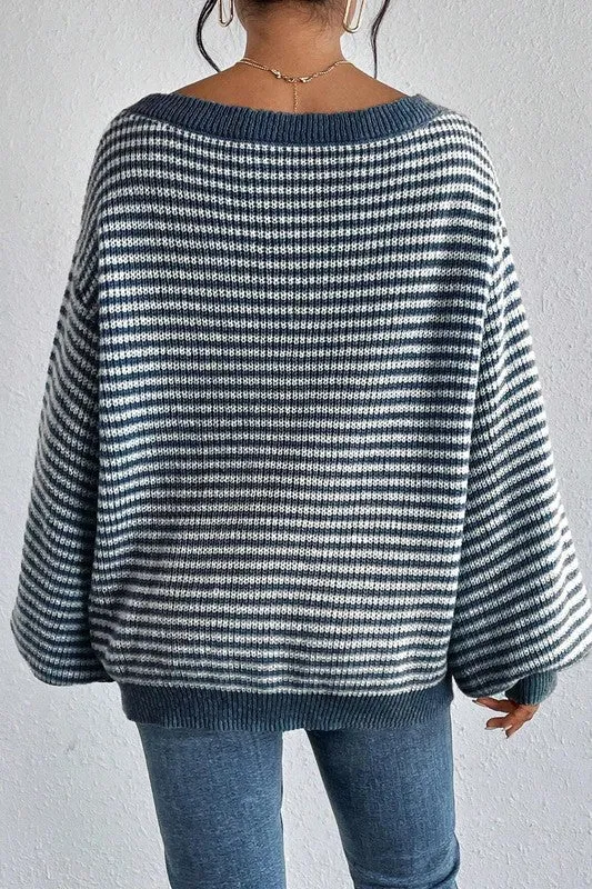 Walk On The Beach Blue & White Sweater