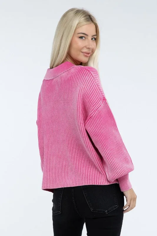 Washed Collared Henley Sweater - Zenana