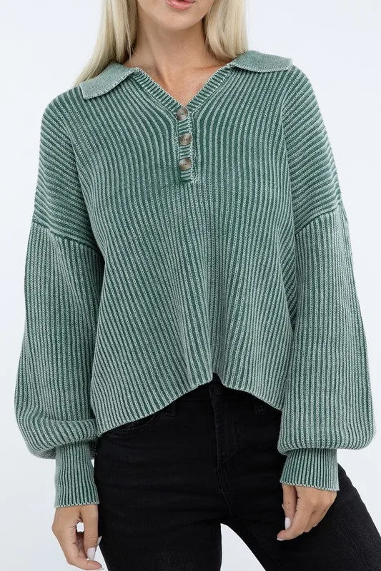 Washed Collared Henley Sweater - Zenana
