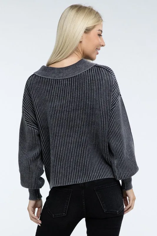 Washed Collared Henley Sweater - Zenana