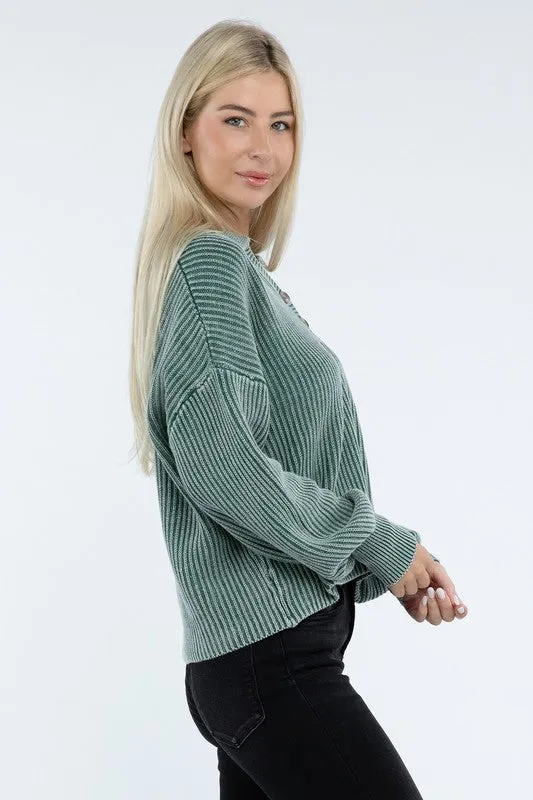 Washed Collared Henley Sweater - Zenana