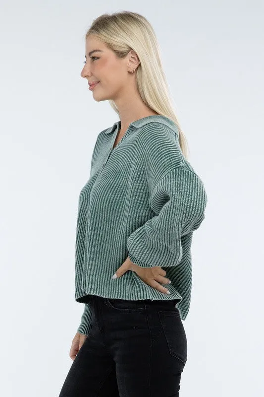 Washed Collared Henley Sweater - Zenana