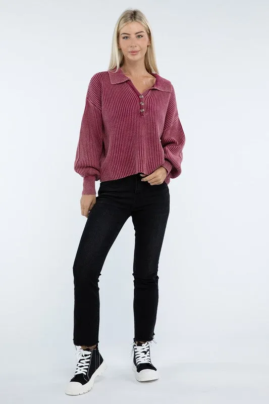 Washed Collared Henley Sweater - Zenana